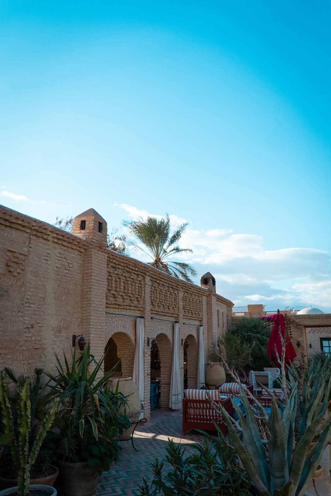 Terrasse aux cactus et fauteuils rayés sous le ciel bleu
